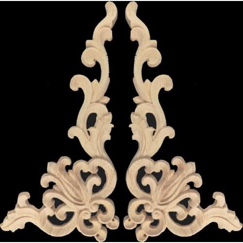 2PCS Wood Applique Wood Decal Wood Mouldings Antique Ornamental Natural Rose Flower Rubber Wood Corner Wall Living Room Decor