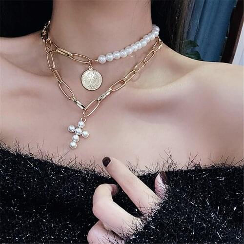 2021 French Vintage Irregular Freshwater Pearl Gold Plated Chunky Link Chain Layered Necklaces for Women Ladies Pearl Necklace