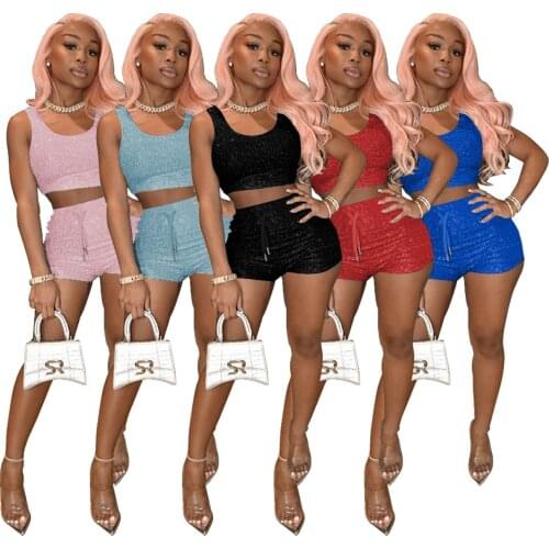 2021 Summer Female Short Pant Outfits Solid Blingbling Sleeveless Round Neck Vest Tops Pants Two Pieces Sport Set Plus Size 2XL