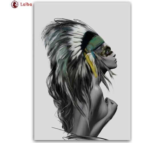 3d round square diamond embroidery Abstract art, tribal girl, feathers Diy full diamond painting stitch cross mosaic picture