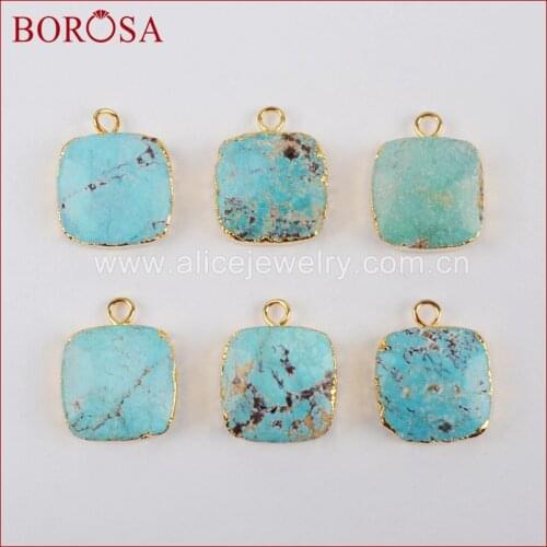 BOROSA 100% Natural Blue Stone Pendant Beads Druzy Charm Gold Color Natural Turquoises Stone Square Curved Surface jewelry G0628