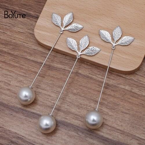 BoYuTe (20 Pieces/Lot) 31*23MM Metal Brass Leaf Lapel Pin with Pearl Stopper Diy Brooch Pins Jewelry Accessories