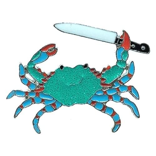 Cute Glitter Sea Animal Badge Pin Green Crab Holding Knife Metal Enamel Brooch Unique Trendy Costume Backpack Jewelry Gifts