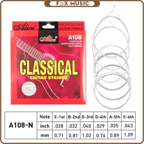 6 Strings Alice A108-N Original Classical Guitar Strings Set Clear Nylon Silver-Plated Copper Alloy Wound Normal Tension NEW