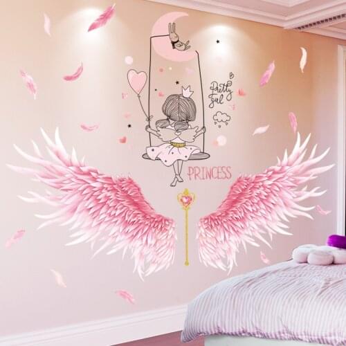 [shijuekongjian] Cartoon Girl Wall Stickers DIY Feather Wings Mural Decals for Kids Rooms Baby Bedroom Nursery House Decoration