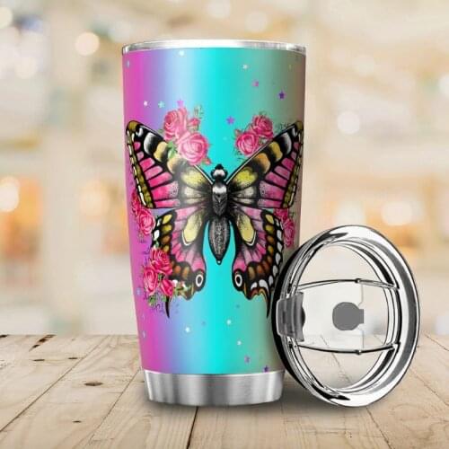 Stainless Stainless Steel Double Walled Insulated 20 oz, Butterfly, Thermos Tumbler Car Cup Travel Mug Hot and Cold Drink for in