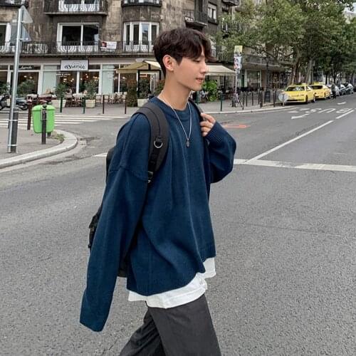 Korean style sweater mens fall/winter loose round neck solid color pullover sweater thick casual all-match sweater coat