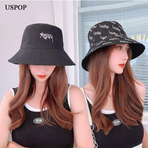 USPOP New Solid Color Letter Embroidery Double-sided Bucket hat Cotton Sun Hats