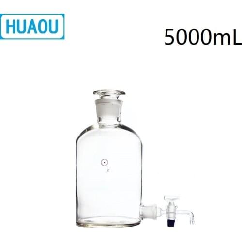 HUAOU 5000mL Aspirator Bottle 5L Transparent Clear with Ground - In Glass Stopper and Stopcock Distilled Water Wine Liquor