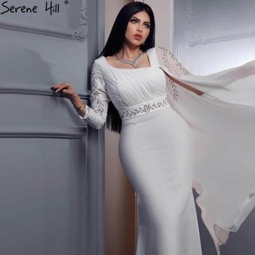 Serene Hill White Satin Cape Sleeve Evening Dresses Gowns 2021 Mermaid Elegant Sexy For Women Party LA70712