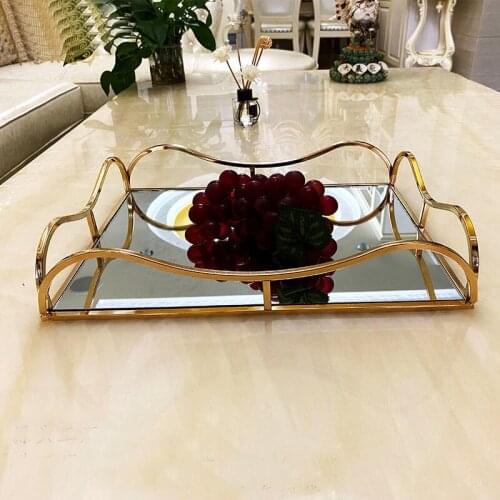 Metal Wrought Iron Glass Mirror Fruit Plate European Light Luxury Golden Wine Tray Living Room Storage Decoration Home Decor