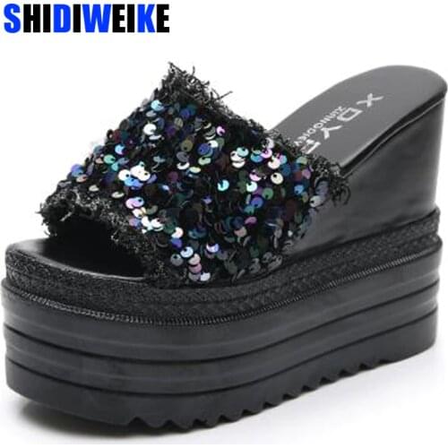 Women Bling High Heel Pumps Ladies Mules Wedding Shoes Wedges Slides Party Sandals Platform Slipper Peep Toe Zapatos De Mujer