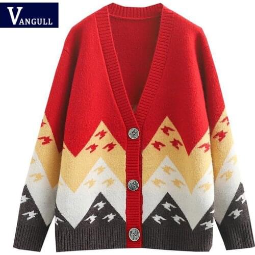 Vangull Animal Print Knitted Women Sweater Cardigans Single Breasted Long Sleeve Cardigans Loose Paper Crane Pattern Sweater