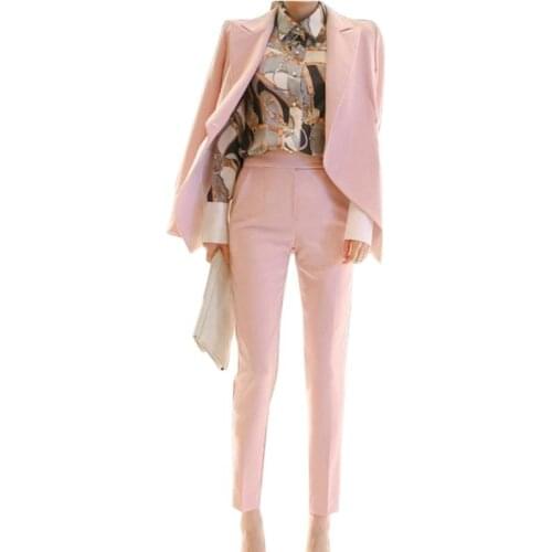 2 Pieces Set Autumn Business Floral Print Shirt Formal Womens Bandage Pink Suit Jacket Elegant Long Pants Work Office Lady Suits