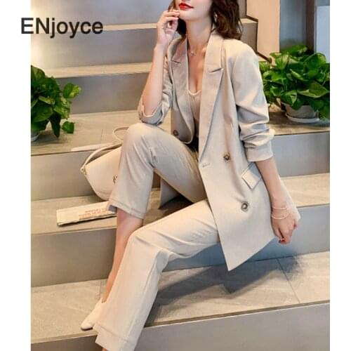 2021 Spring Office Two-piece Blazer Pant Suit Fashion Solid Women Blazer Suits Long Sleeve Double Breasted Blazer Pants Set