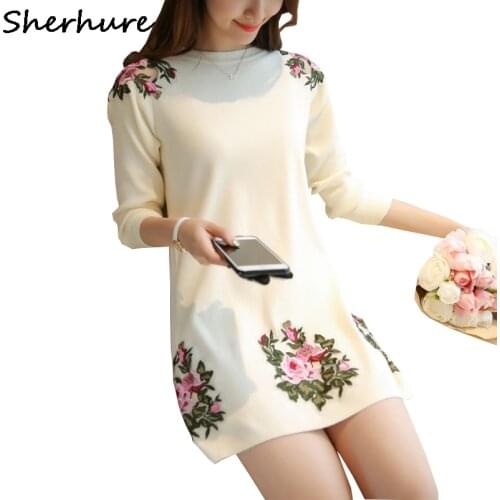 2020 Peony Flower Embroidery Patch And O-Neck Sweater Dress Pull Femme Women Long Pullovers