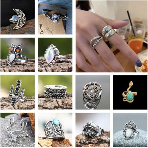 New Women Silver Color Thick Simple Wave Light Shaped Solid Double Layer Rings Trendy Couple Owl Horse Snake Moon Star Ring