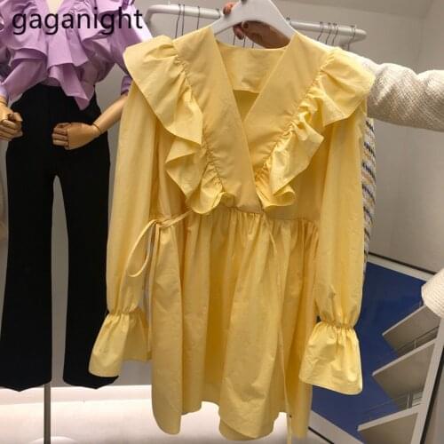 Gaganight Ruffles Women Mini Short Dress Long Sleeve V Neck Chic Korean Robe Female 2021 Spring New A Line Vestidos Elegant