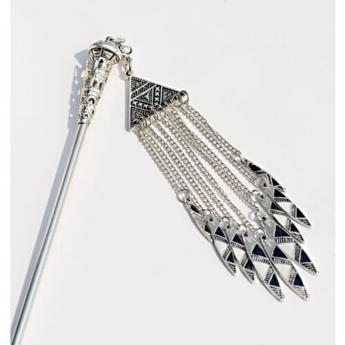 2019 Womens Geometric Alloy Long Chain Tassel Dangle Hair Sticks Chinese Style Vintage Triangle Sliver Color Hair Pins Headwear