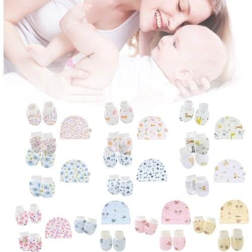 Baby Cartoon Anti-scratch Gloves Hat Foot Cover Set Handguard Cotton Mittens Beanie Cap Socks Kit for Infant Newborn GXMB