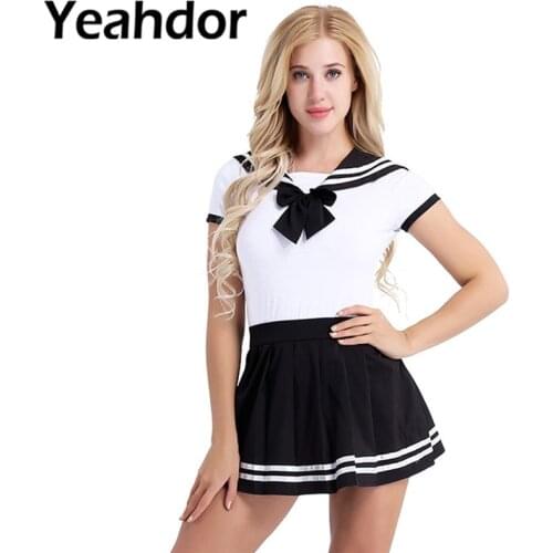 2Pcs Women Girl Short Sleeve Crotch Romper with Mini Pleated Skirt Cosplay Sets Cosplay Costumes for Halloween Party Age Players