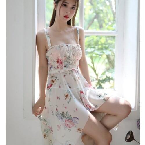 Summer Lingerie Dress Nighty Sleeveless Nightwear Printed Nightgowns Mini Nightdress Ruched Sexy Sleepwear Women Clothing