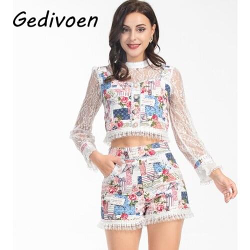 Gedivoen Fashion Woman Summer Sweet Pants Suit Stand Collar Lace Sleeve Beautiful Button Tops + Print Short Pants 2-Piece Set