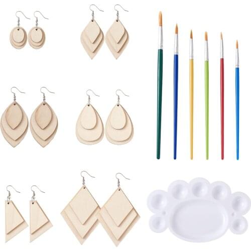 136pcs DIY Unfinished Wooden Pendant Earring Making Kits with Brass Earring Hooks Jump Rings Plastic Art Brushes Pen Value Sets