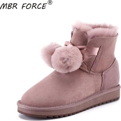 MBR FORCE New Sheepskin Suede Leather Shearling Wool Fur Lined Women Short Winter Boots Pom-pom Style Ankle Snow Boots for Girls
