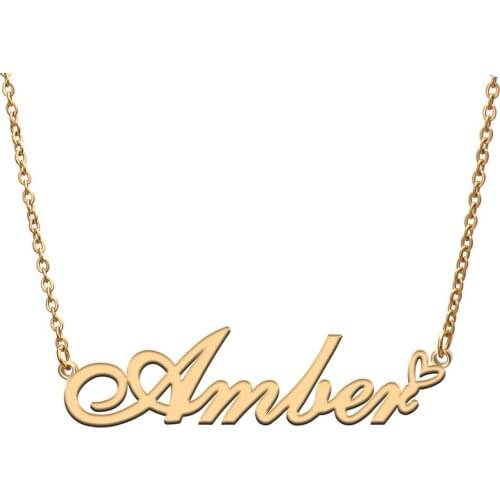 Love Heart Amber Name Necklace for Women Stainless Steel Gold & Silver Nameplate Pendant Femme Mother Child Girls Gift