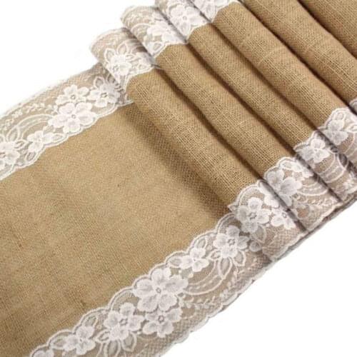 Retro Linen Jute Event Party Supplies Grass Champagne Wedding Table Deco Cloth Tablecloth Christmas White Lace Table Runners