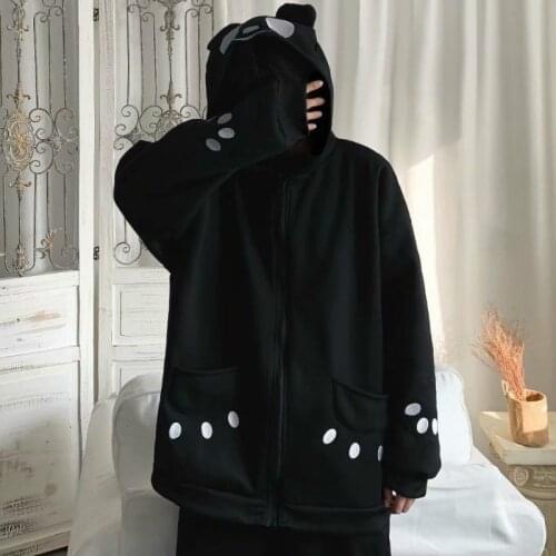 Deeptown Kawaii Zip Up Hoodies Women Winter 2020 Fashion Hoodies Women Long Sleeve Loose Casual Plus Velvet Warm Sweatshirt