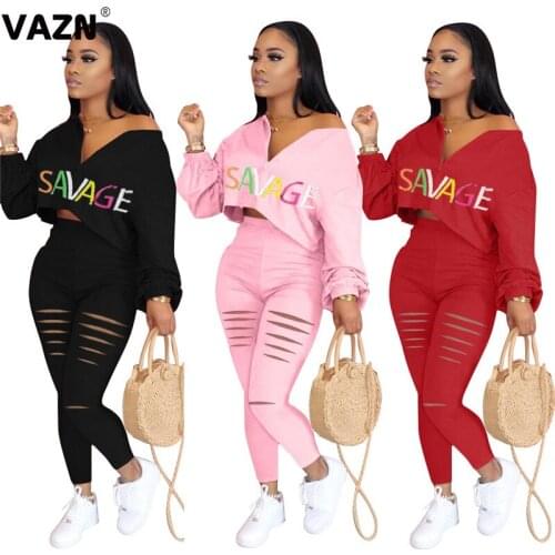 VAZN 2020 Summer-autumn sexy lady 3 colors 2-piece long set lantern full sleeve zipper letter fleece hole pants set casual sets