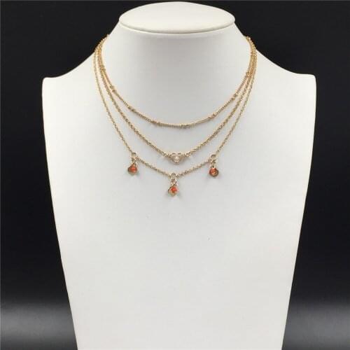 Gorgeous Gold Color Plating Round Disc with Coral Bead Charm Heart Decorated Layered Necklace For Women Girl Cute Lovely Jewelry