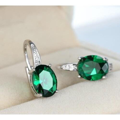 Vintage Bridal Oval Wedding Earrings Cute Female Green Zircon Stone Earrings Classic Silver Color Small Drop Earrings For Women