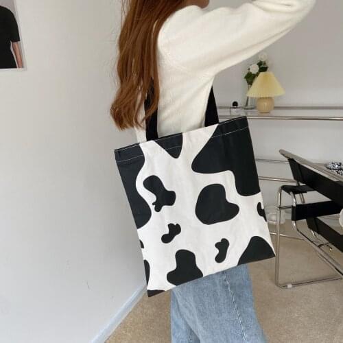 Shopping Bags Women Cow Pattern Canvas Harajuku Sweet Girls Ulzzang Korean Leisure Popular Simple Chic Shopper Female Chic Ins