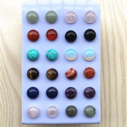 New Simple Trendy Geometric 12mm Round Mixed Color Natural Stone Stud Earrings For Women Fashion Cute Small Wholesale 12Pair