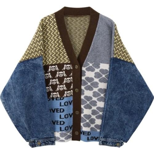 Vintage Knitted Cardigan Sweater Women Patchwork Denim Coat V Neck Long Sleeve Knitwear Casual Loose Outwear Female Tops