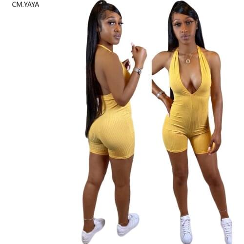 CM.YAYA Solid Sexy Women Sleeveless Open Back Halter V-neck Jumpsuits Rompers Club Party One Piece Playsuit Overall Bodysuit