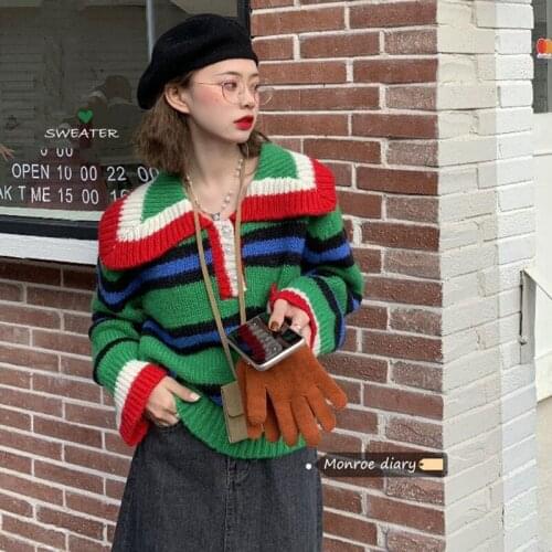 2021 Spring Fashion Women Green Striped Mohair Knitted Sweater For Ladies High Quality Chic Jumpers