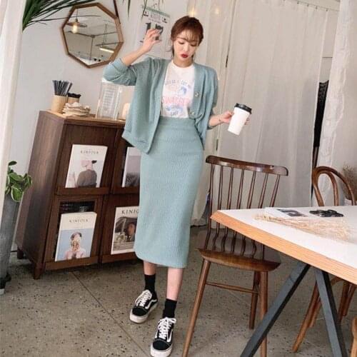 Autumn Striped Knitted Two Piece Set Women Single Breasted Long Sleeve Cardigan+Split Slim Fit Long Midi Skirts Suits Korean