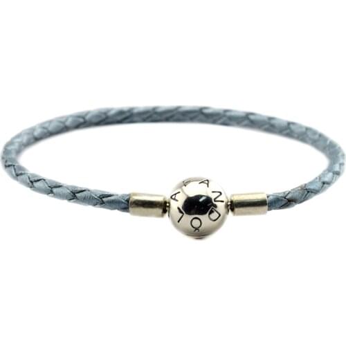 100% 925 Sterling-Silver-Jewelry Light Blue Clasp Leather Bracelets Free Shipping