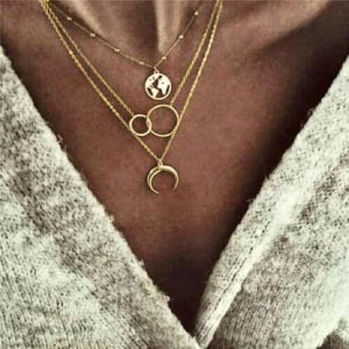 12Pcs/lot Fashion Geometric Circle Crescent Moon Clavicle Chain Hollow World Map Three-layer Necklace