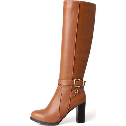 2021 fashion Women Boots Square Heels Round Toe Knee-High Boots Woman Shoes Winter Boots Black Brown Size 34-43