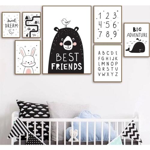 Abstract Bear Rabbit Whale Penguin Owl Wall Art Poster Sun Moon Star Mountain Print Quotes Canvas Painting Baby Kids Room Decor