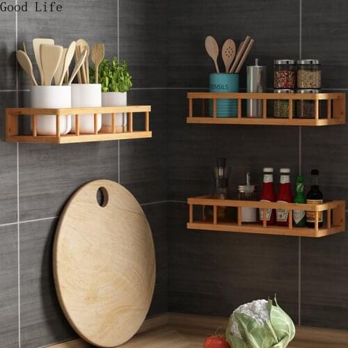 Bamboo Kitchen Wall Storage Shelf Punch Free Wall Hanging Spice Seasoning Rack Wooden Decorative Sundries Organizer Shelves