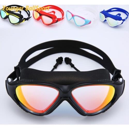 Large Frame Colorful One-piece Earplugs Goggles for Adult HD Anti-fog Waterproof Swimming Goggles Flat Light Diving Mask Goggles