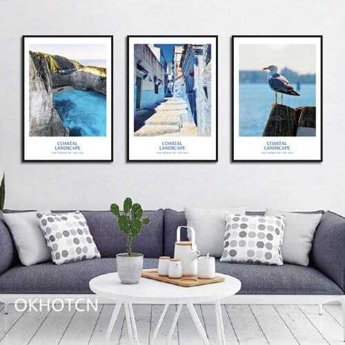 Nordic Mediterranean Style Landscape Poster Decoration for Study Living Room Blue Seascape Decorative Canvas Paintings