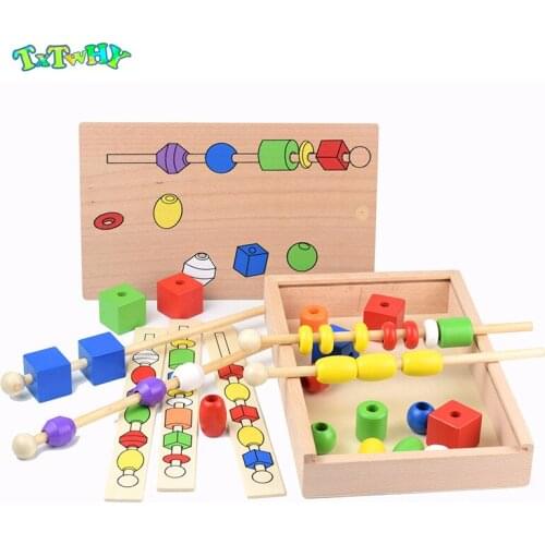 Montessori for kid Children educational toys wooden colorful shape stick Beading color shape cognitive hand-eye coordination toy