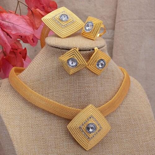 Dubai Jewelry Sets Gold Necklace Bracelet Rings Earring Set For Women African France Wedding Party 24K Jewelery Bridal Gift